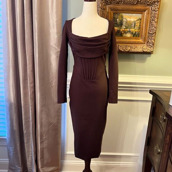 NWOT Lavish Alice Cowl Corset Ponte Chocolate Brown Midi Dress US Size 10 - Picture 8 of 10